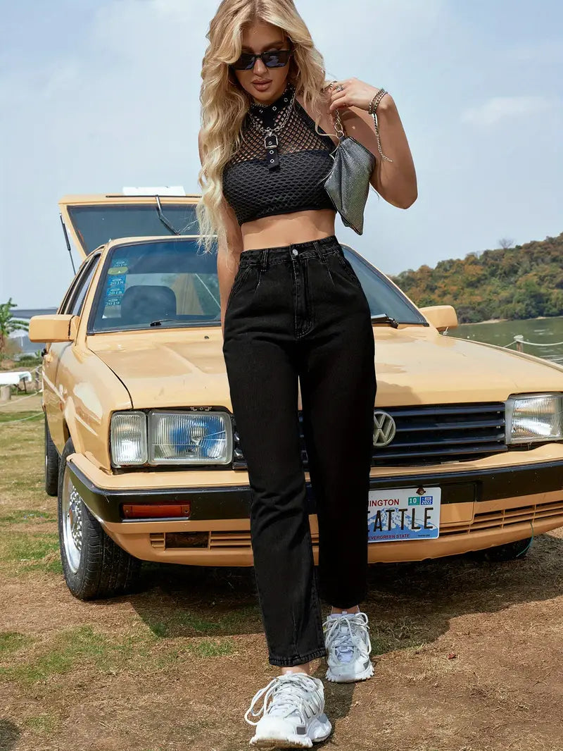 Black High Waist Straight Jeans with Slash Pockets