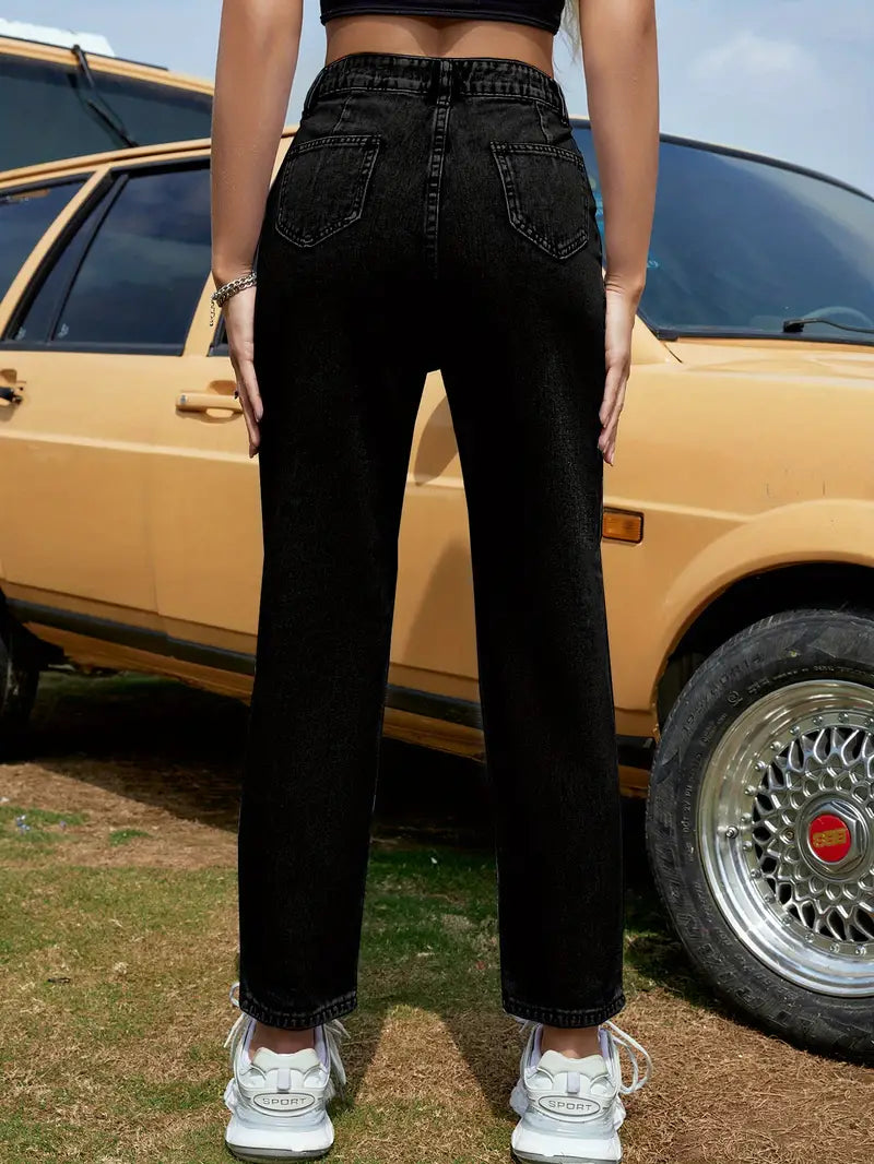Black High Waist Straight Jeans with Slash Pockets