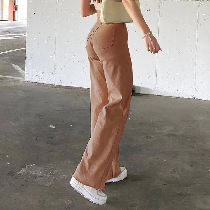 High Waist Wide Leg Straight Jeans with Slash Pockets