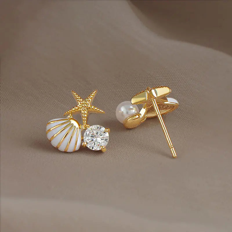 S925 Silver Starfish Stud Earrings with Pearl Accents