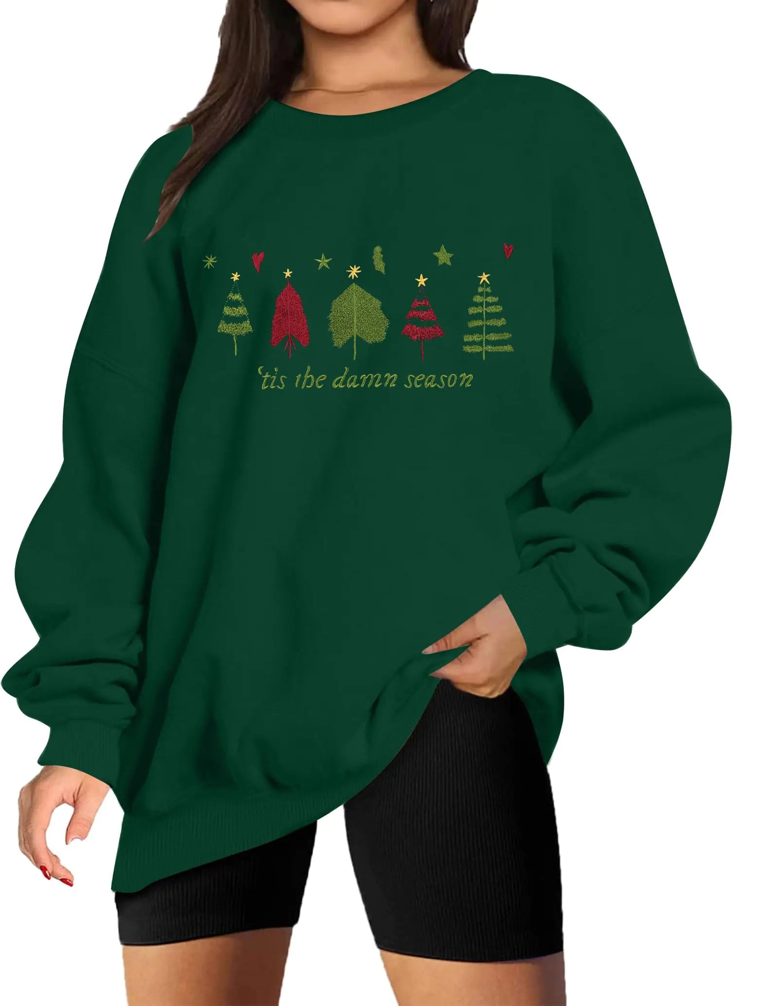 UNIQUEONE Christmas Sweatshirts For Women Tis The Season Sweatshirt Ugly Xmas Tree Fall Pullover Cute Santa Graphic Tops Green