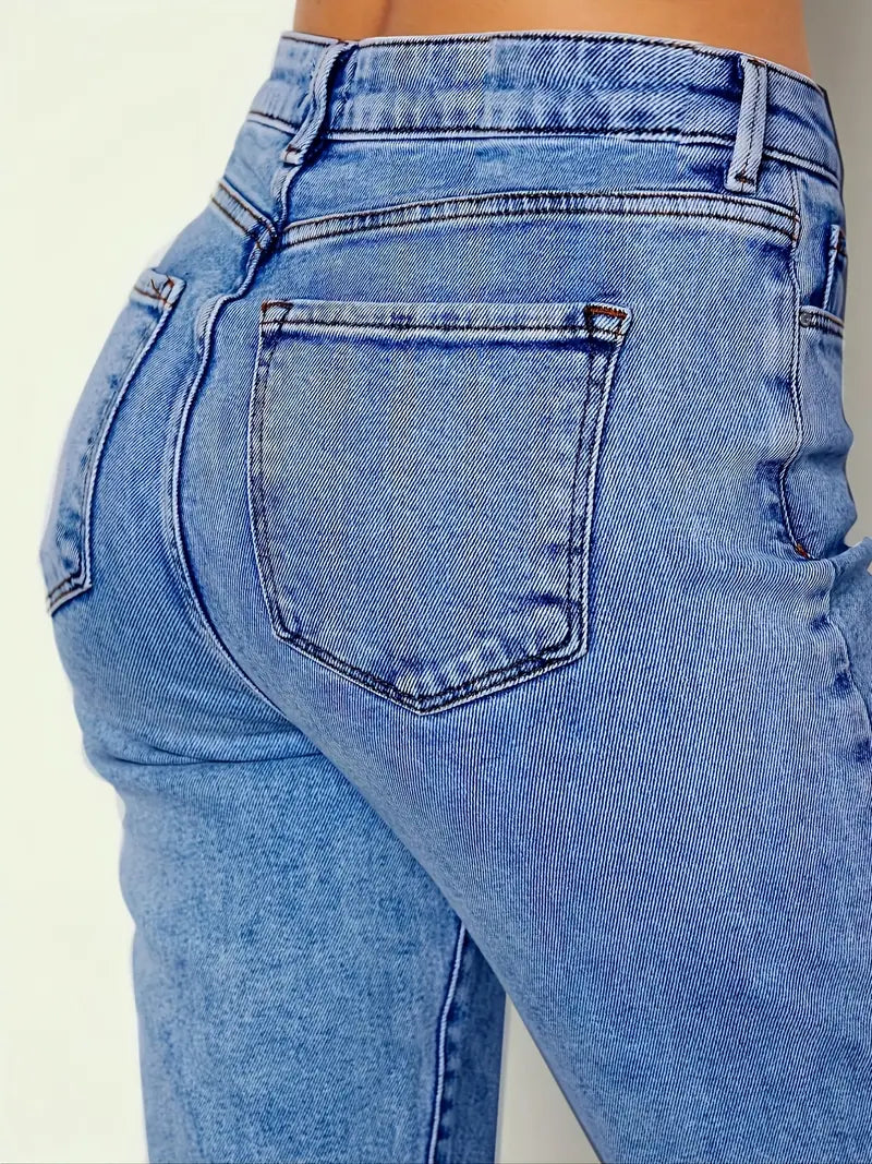 Blue Slim Fit Mom Jeans with Slash Pockets for Women