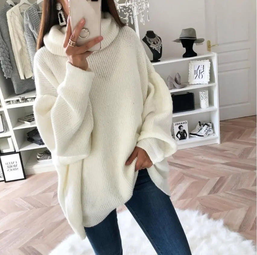 Solid Color Turtleneck Sweater, Loose Knit Top