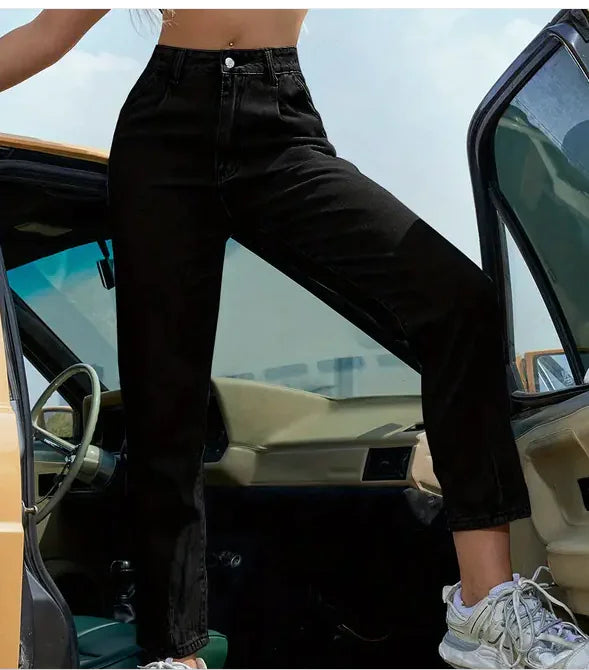 Black High Waist Straight Jeans with Slash Pockets