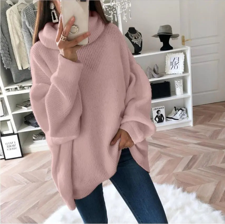 Solid Color Turtleneck Sweater, Loose Knit Top