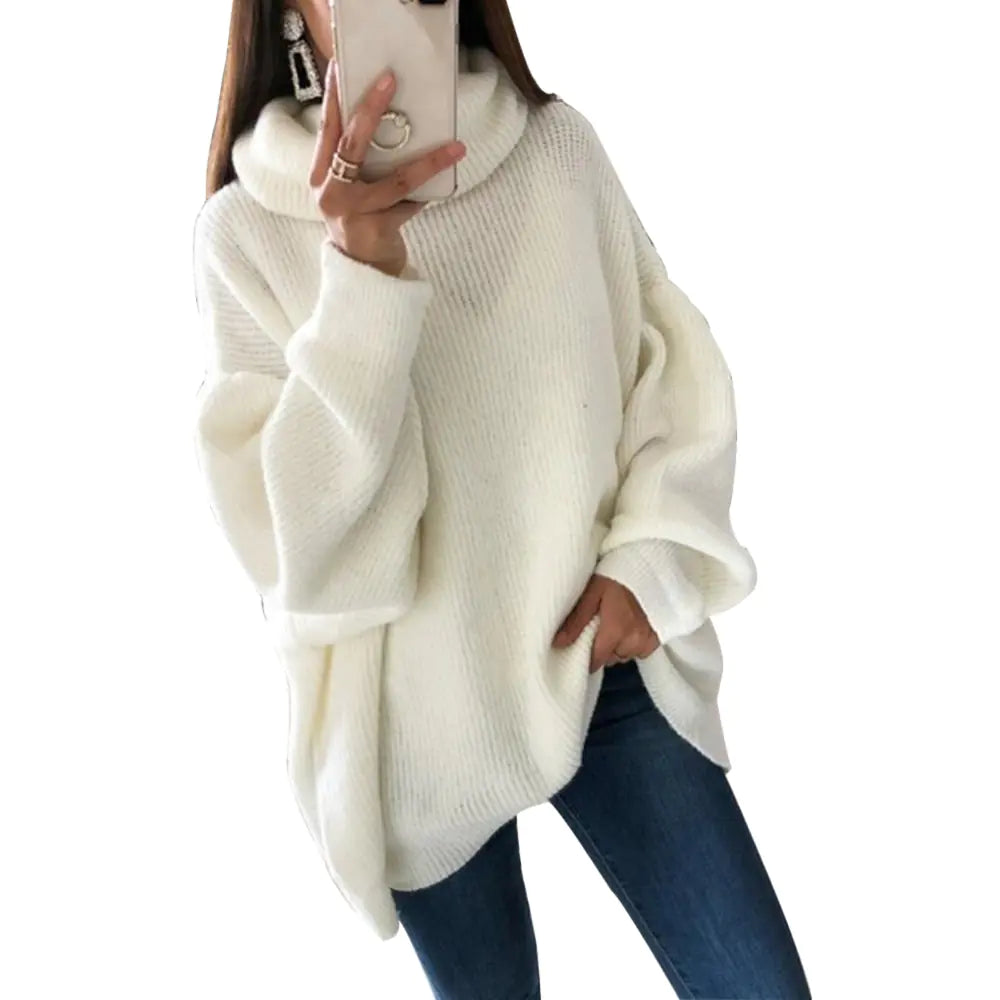 Solid Color Turtleneck Sweater, Loose Knit Top