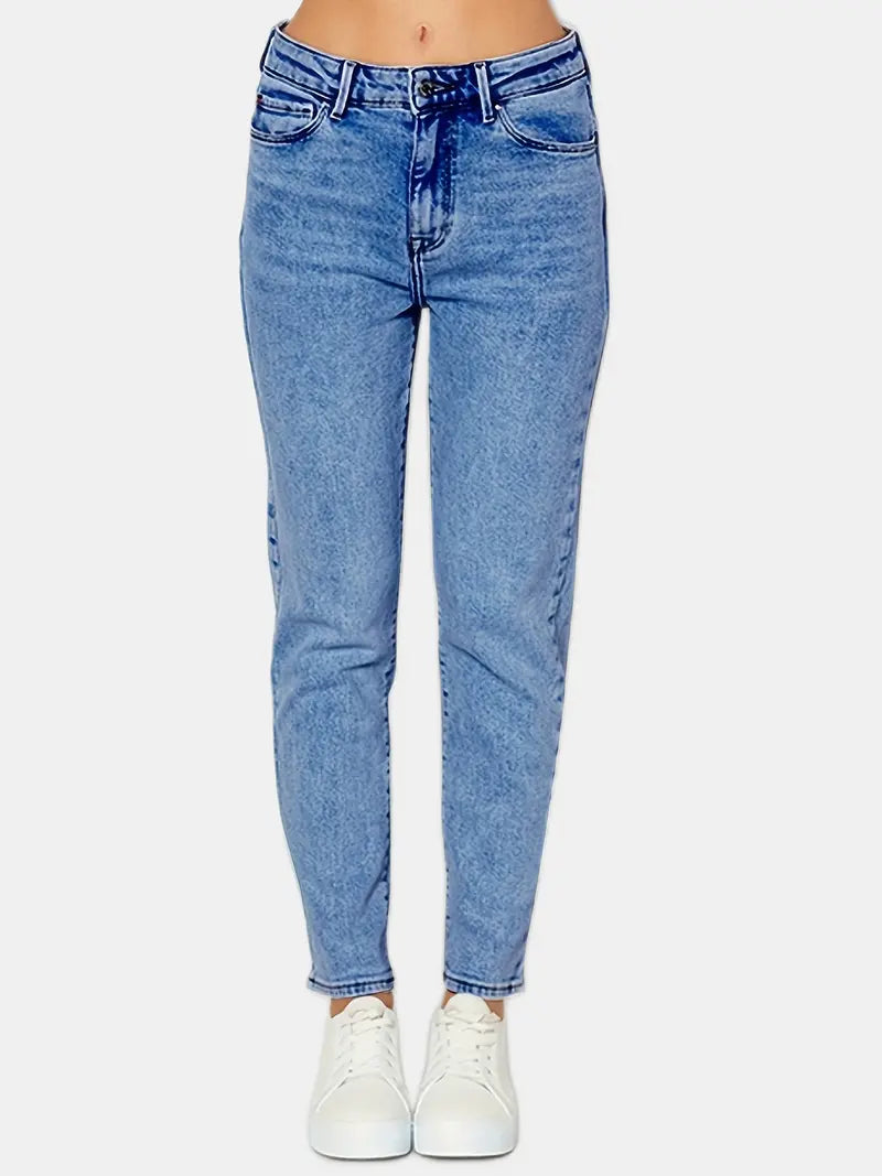Blue Slim Fit Mom Jeans with Slash Pockets for Women