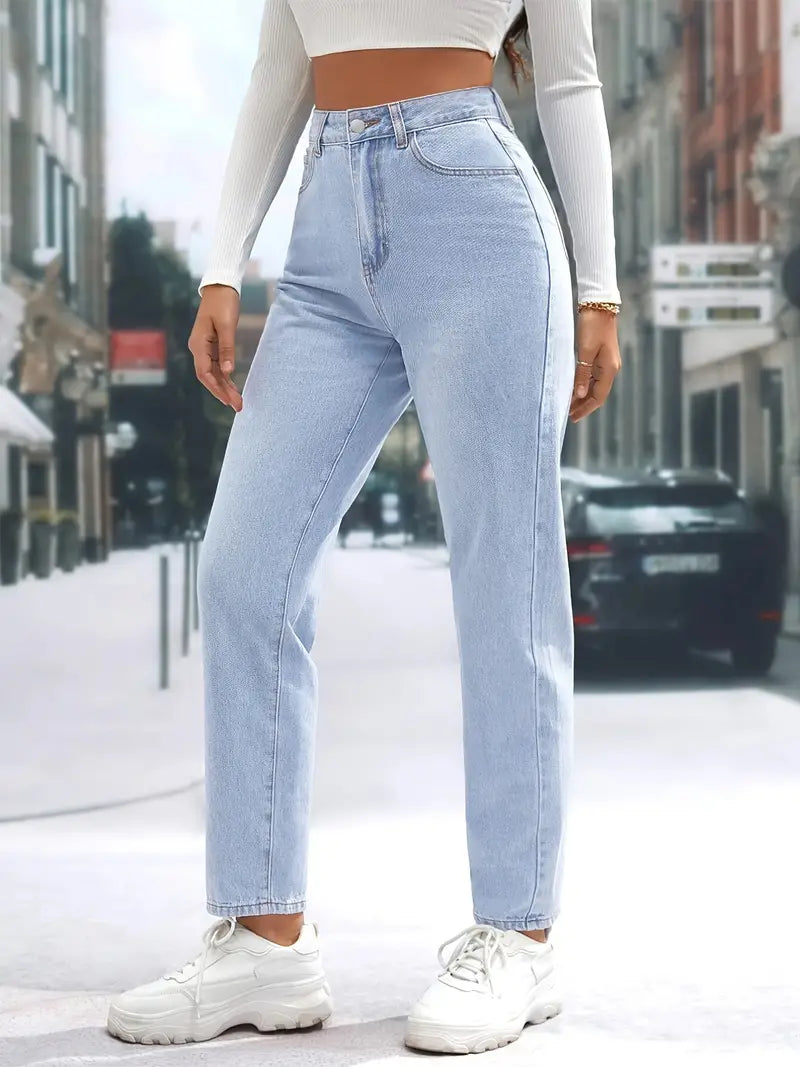 Light Blue High Waist Straight Jeans with Slash Pockets