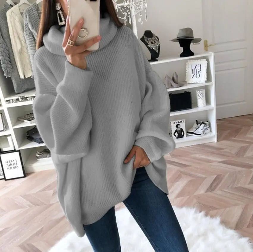 Solid Color Turtleneck Sweater, Loose Knit Top