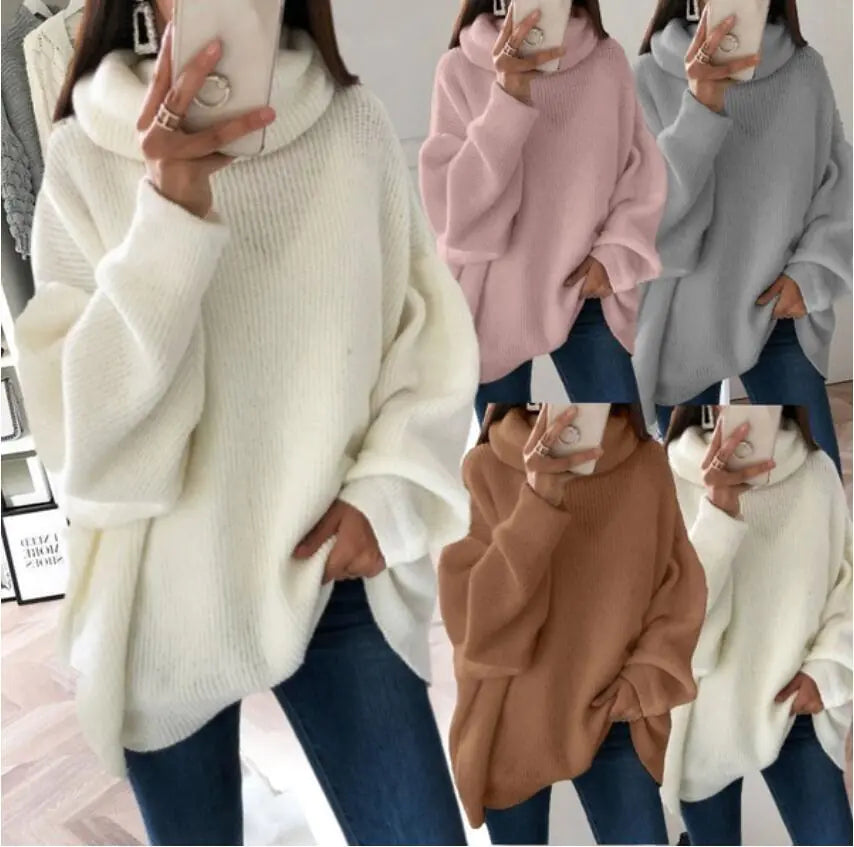 Solid Color Turtleneck Sweater, Loose Knit Top