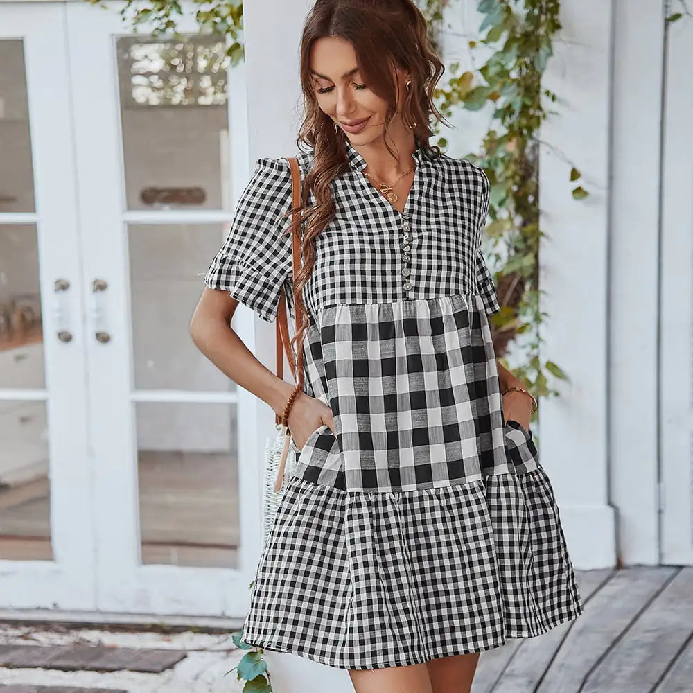 Plaid Stitching Dress with European and American Style