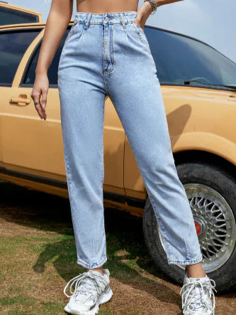 Black High Waist Straight Jeans with Slash Pockets