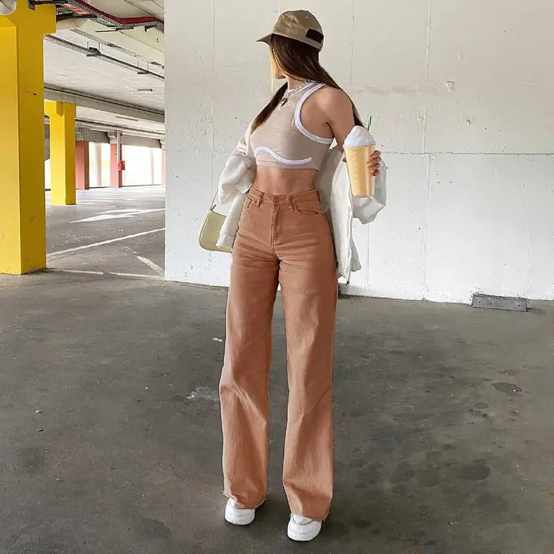 High Waist Wide Leg Straight Jeans with Slash Pockets