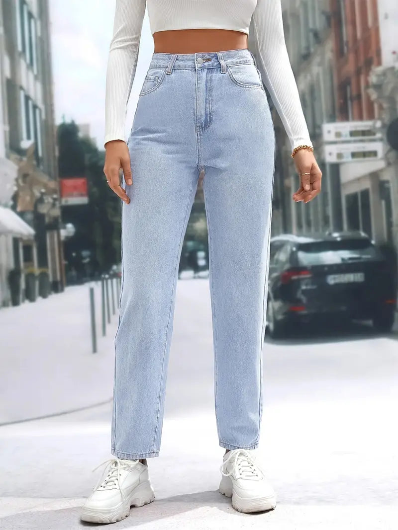 Light Blue High Waist Straight Jeans with Slash Pockets