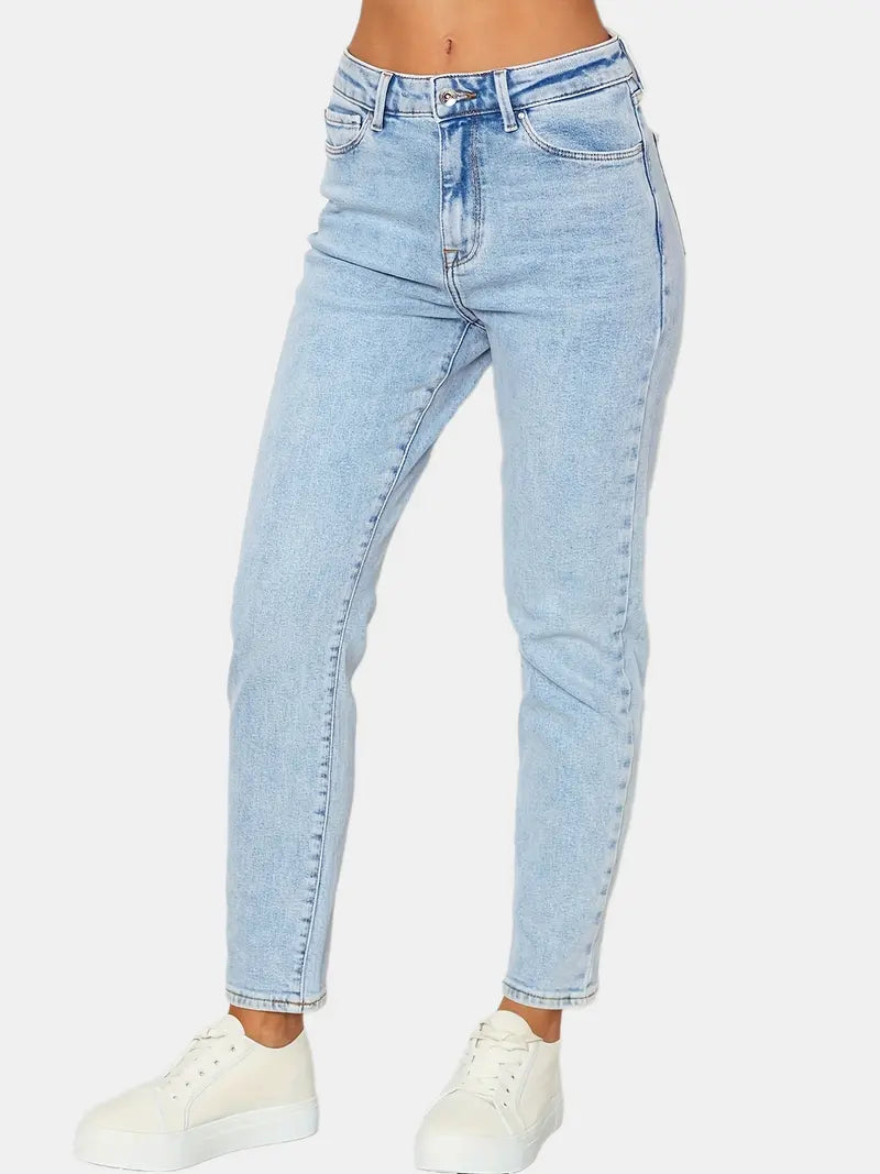Blue Slim Fit Mom Jeans with Slash Pockets for Women