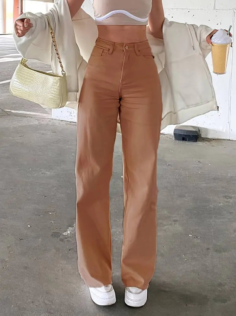 High Waist Wide Leg Straight Jeans with Slash Pockets