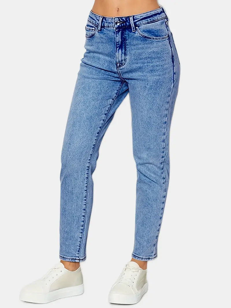 Blue Slim Fit Mom Jeans with Slash Pockets for Women