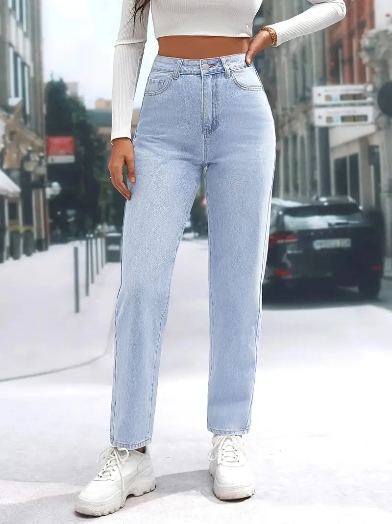 Light Blue High Waist Straight Jeans with Slash Pockets