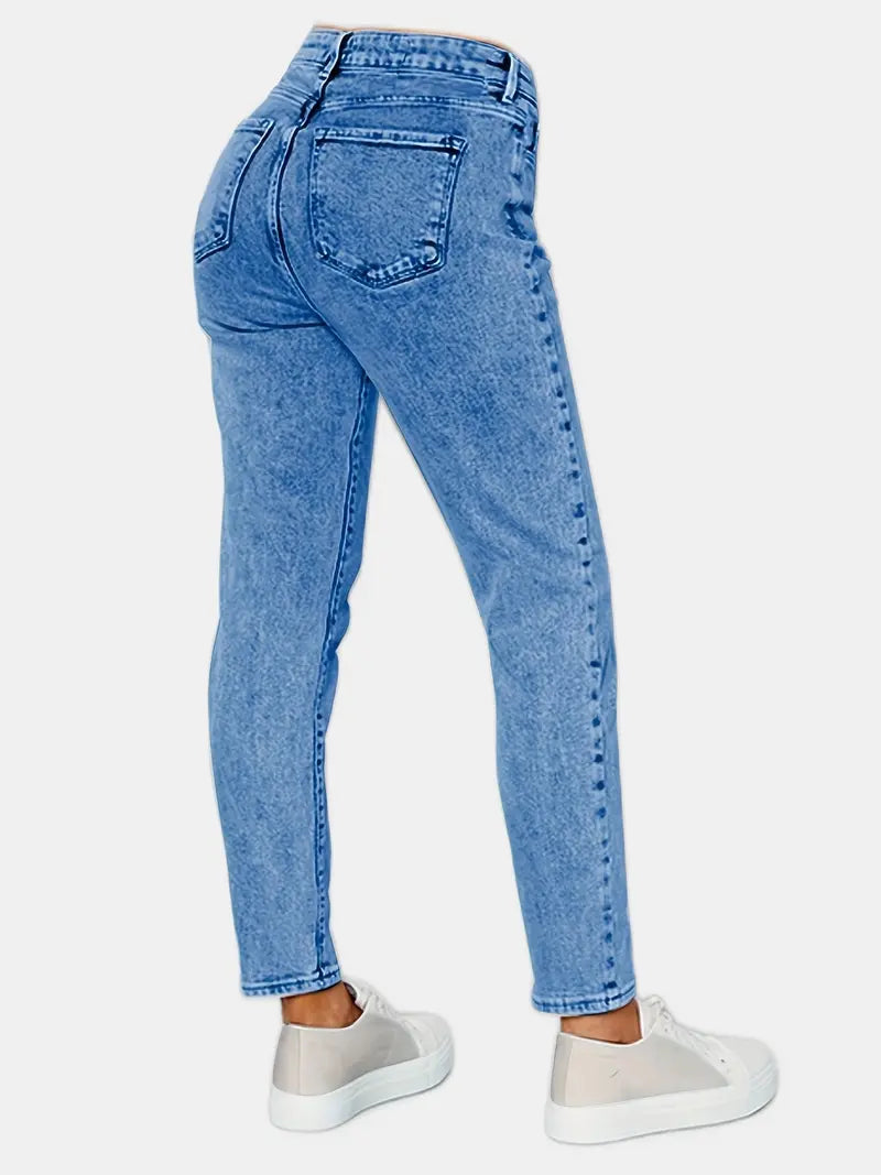 Blue Slim Fit Mom Jeans with Slash Pockets for Women