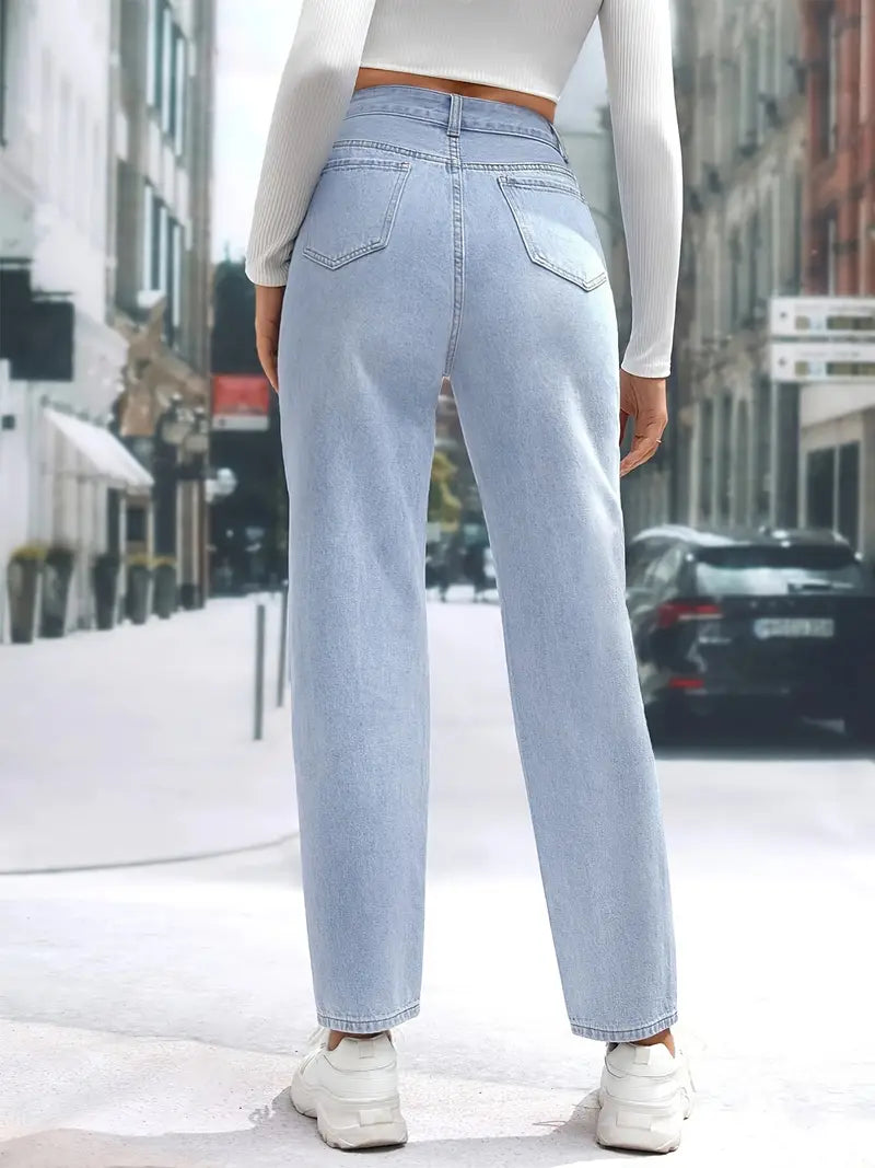 Light Blue High Waist Straight Jeans with Slash Pockets