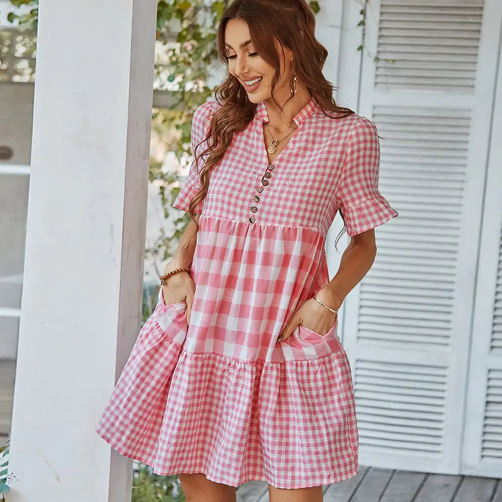 Plaid Stitching Dress with European and American Style