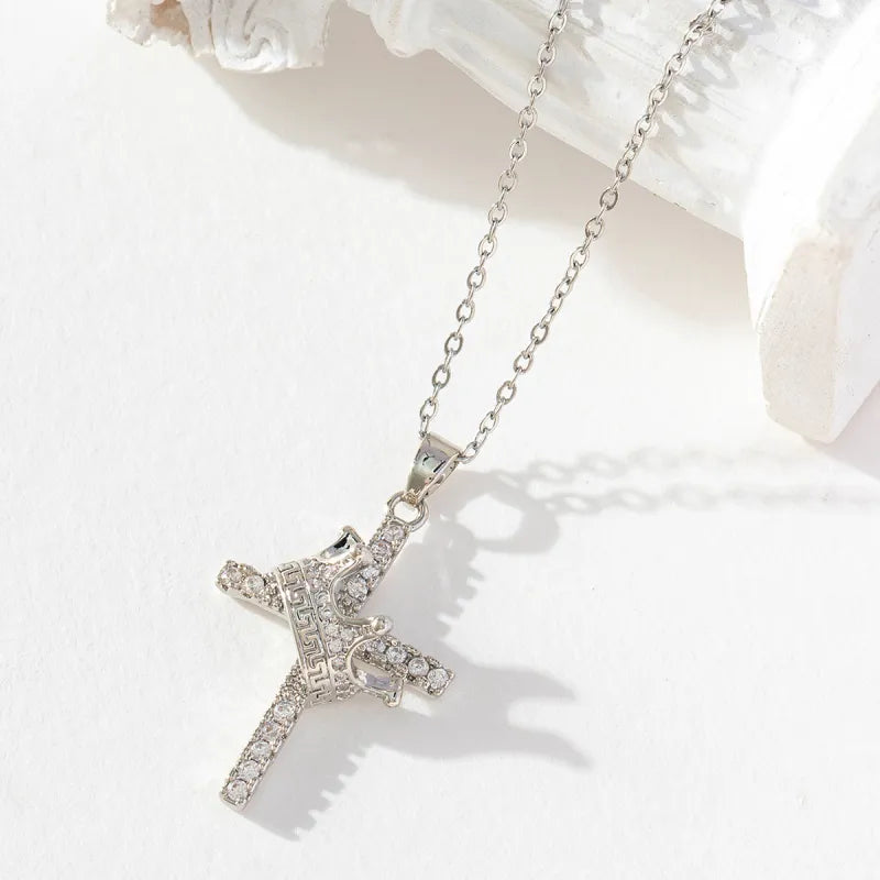 Crown Cross Clavicle Chain Silver Zircon Pendant Necklace
