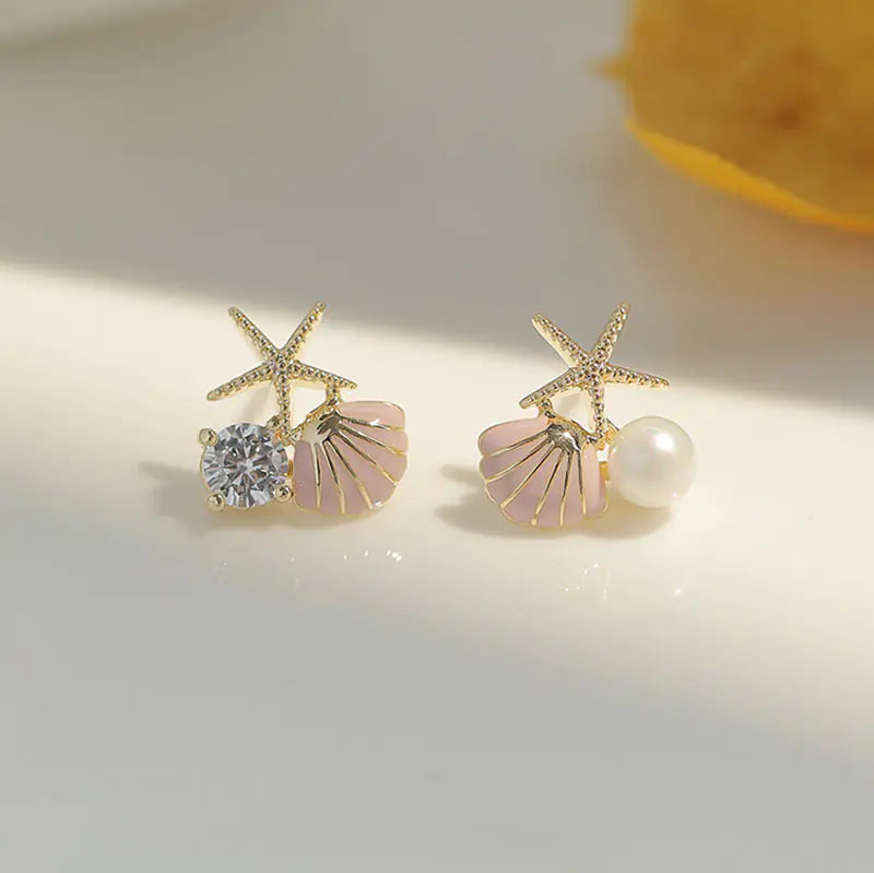 S925 Silver Starfish Stud Earrings with Pearl Accents