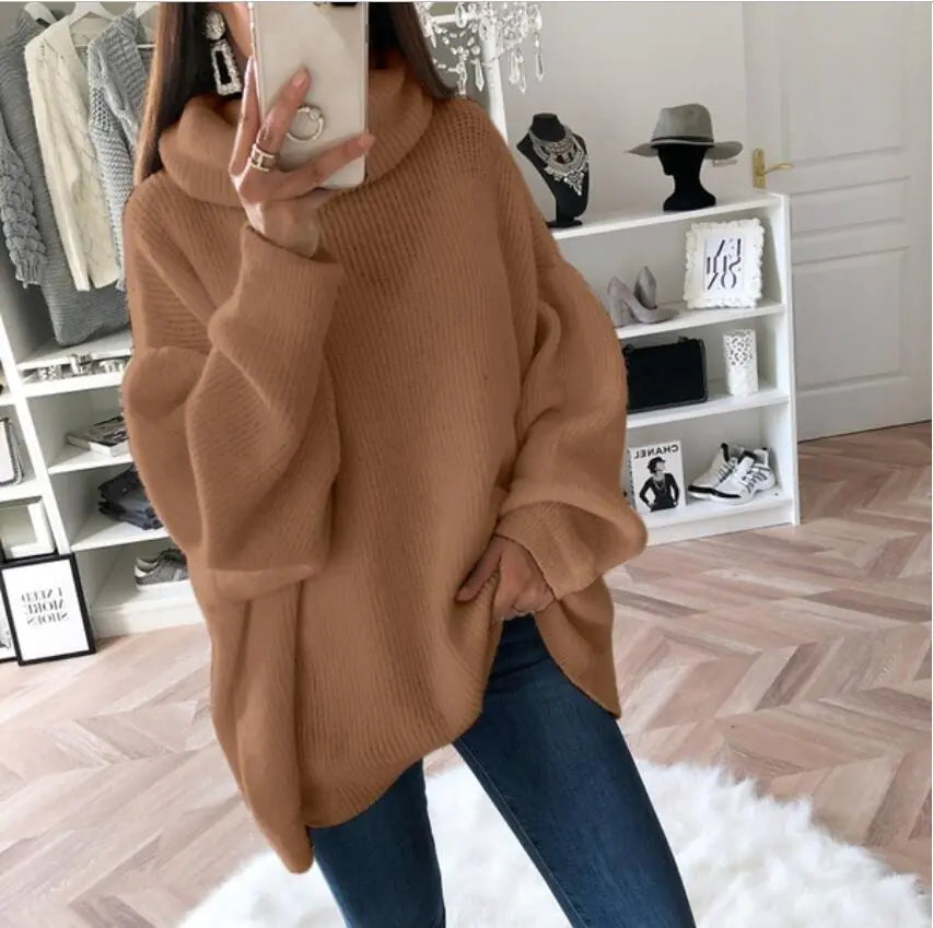 Solid Color Turtleneck Sweater, Loose Knit Top