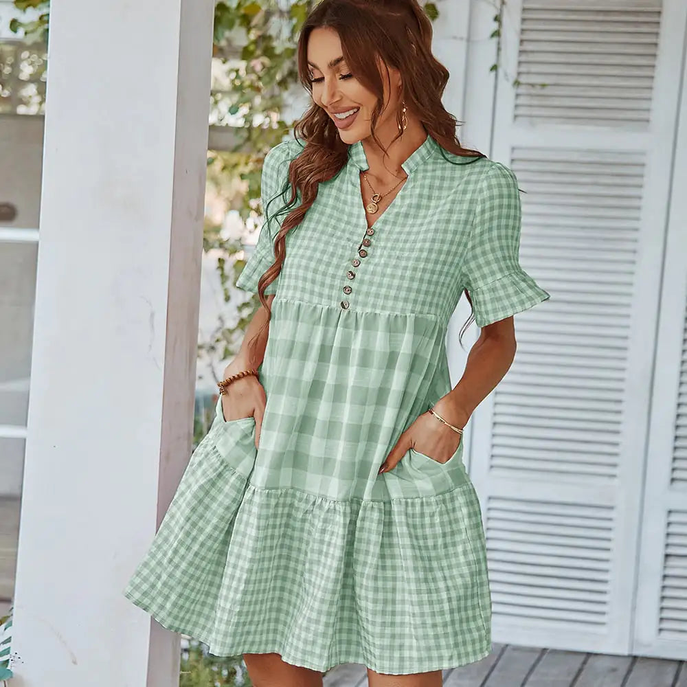 Plaid Stitching Dress with European and American Style