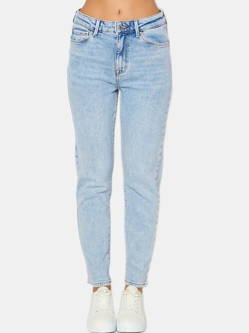 Blue Slim Fit Mom Jeans with Slash Pockets for Women