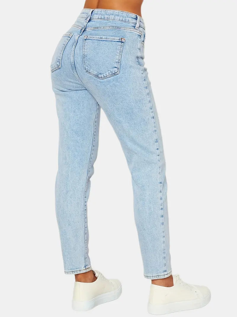 Blue Slim Fit Mom Jeans with Slash Pockets for Women
