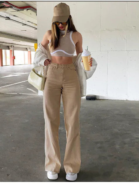 High Waist Wide Leg Straight Jeans with Slash Pockets