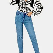 Blue Slim Fit Mom Jeans with Slash Pockets for Women