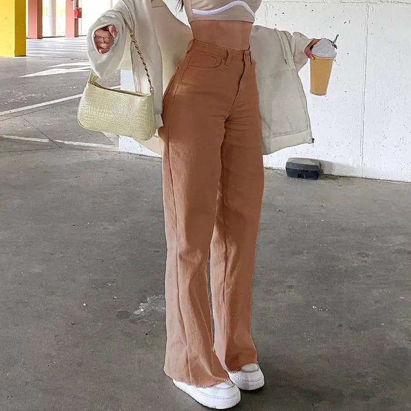 High Waist Wide Leg Straight Jeans with Slash Pockets