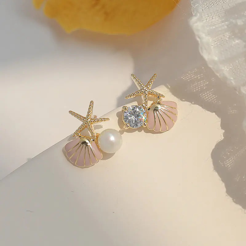 S925 Silver Starfish Stud Earrings with Pearl Accents