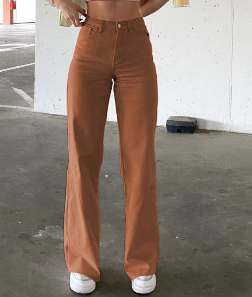 High Waist Wide Leg Straight Jeans with Slash Pockets