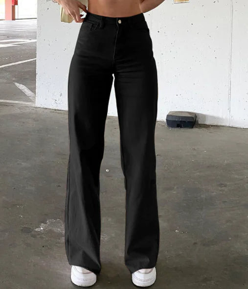 High Waist Wide Leg Straight Jeans with Slash Pockets