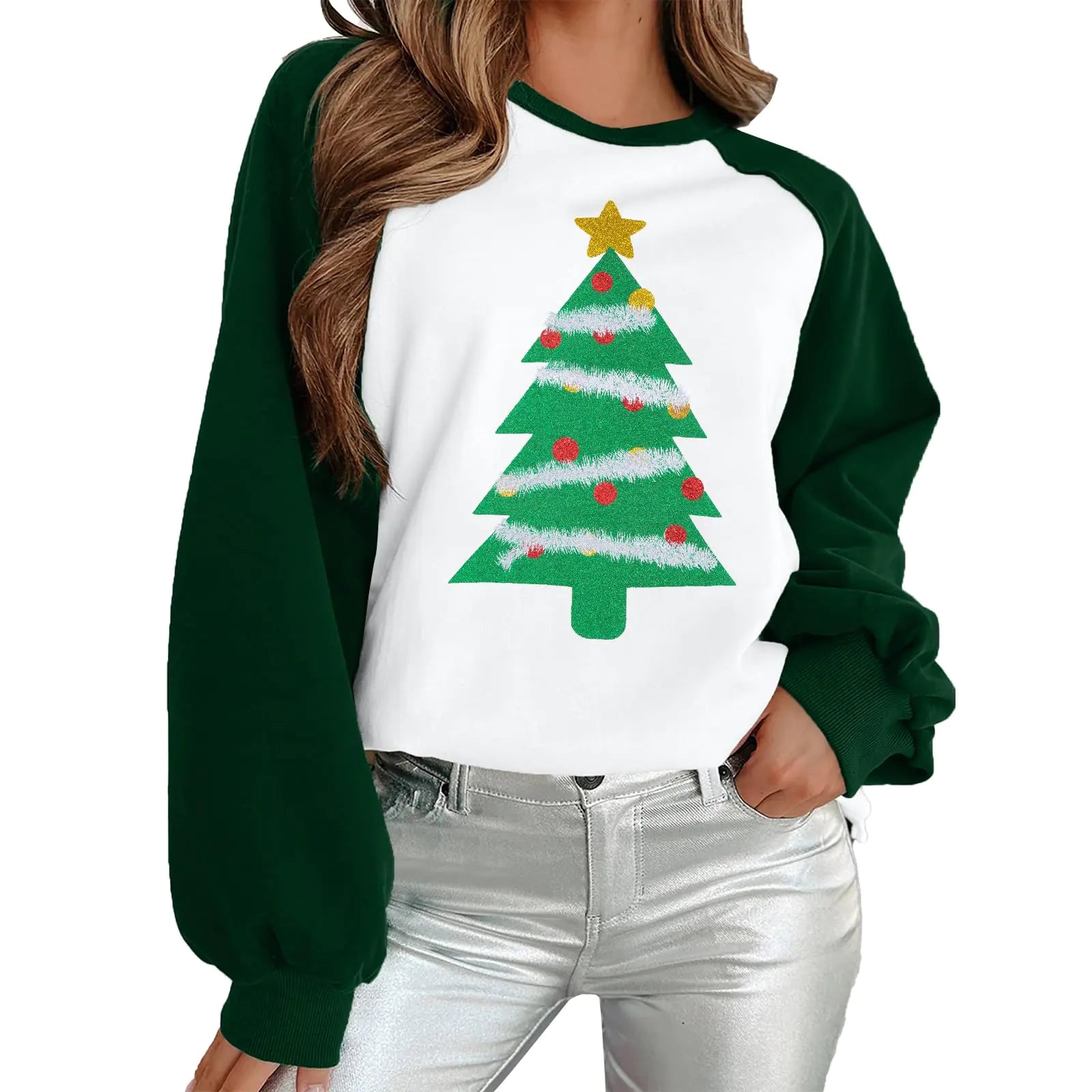 Christmas Tree Sweatshirts Women Merry Christmas Sweatshirt Oversized Xmas Raglan Sleeve Holiday Pullover Tops